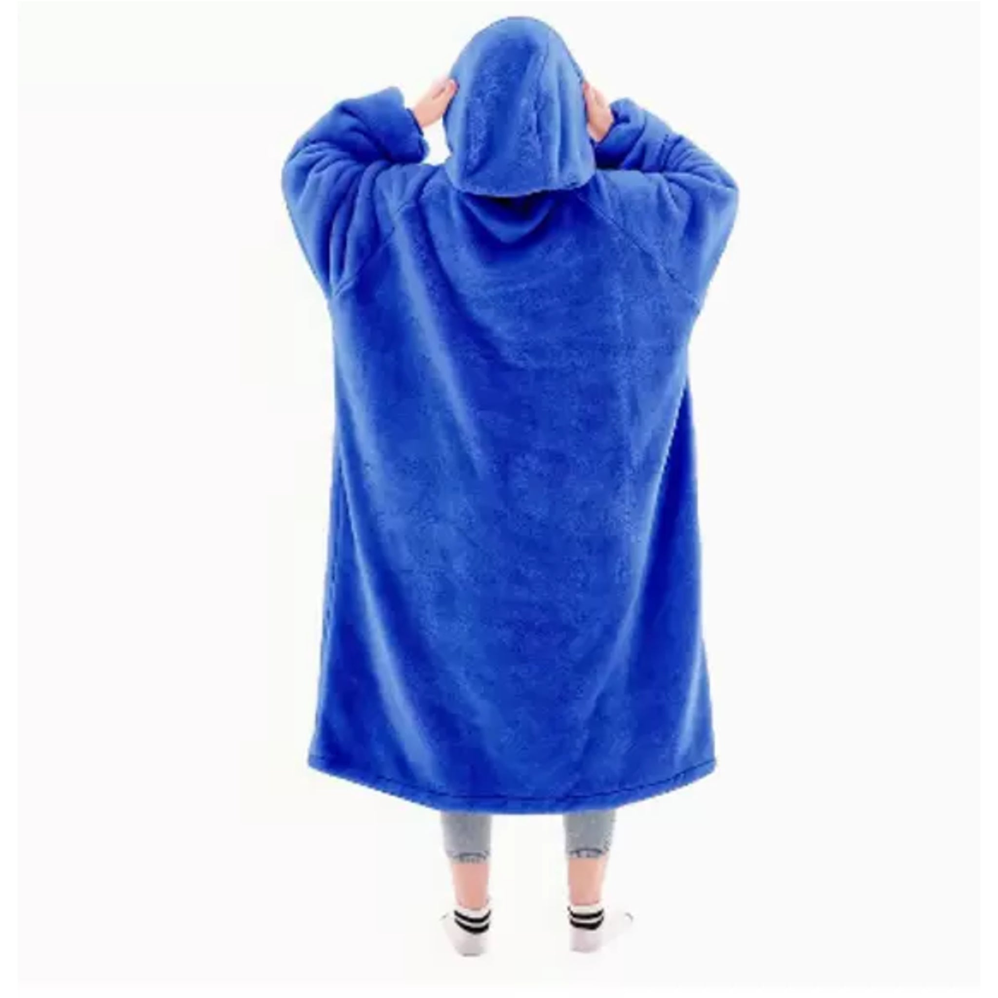 Ladies unisex oversized hoodie blanket snood snoodie in royal blue – soft fleece wearable blanket with hood and large pocket, cozy warm loungewear.